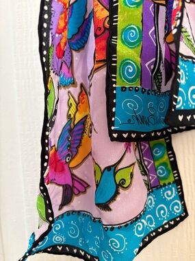 Laurel Burch Multicolor Bird Silk Scarf in Pink, Turquoise, Green and Purple